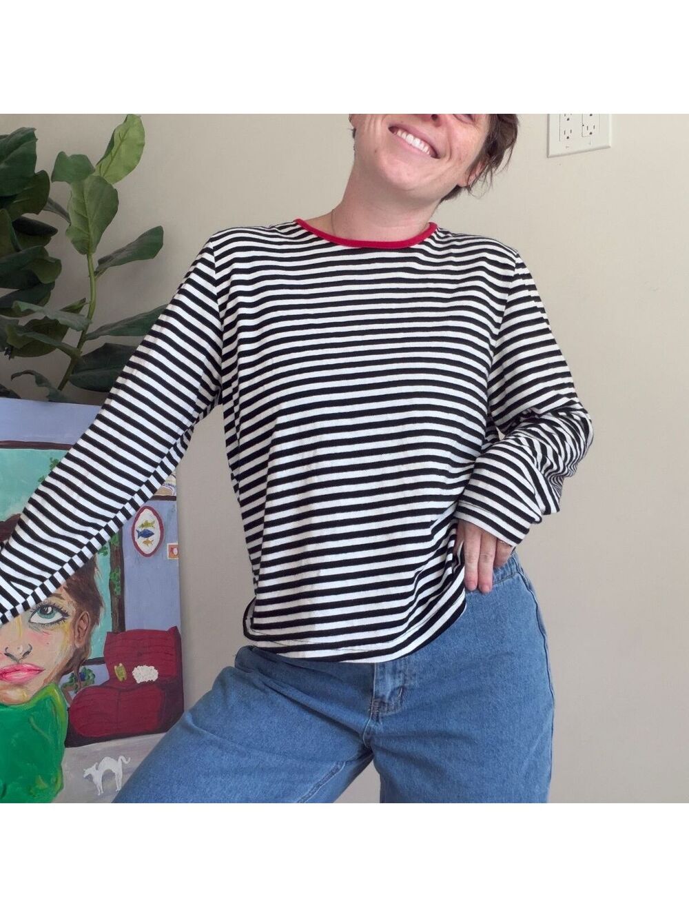 Vintage 90s striped long sleeve shirt with red trim French chic